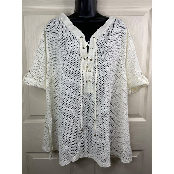 Catherines Top Women Plus Size 1X 18/20W Short Sleeve Ivory Knit Lacey Top Sheer - Picture 3 of 9